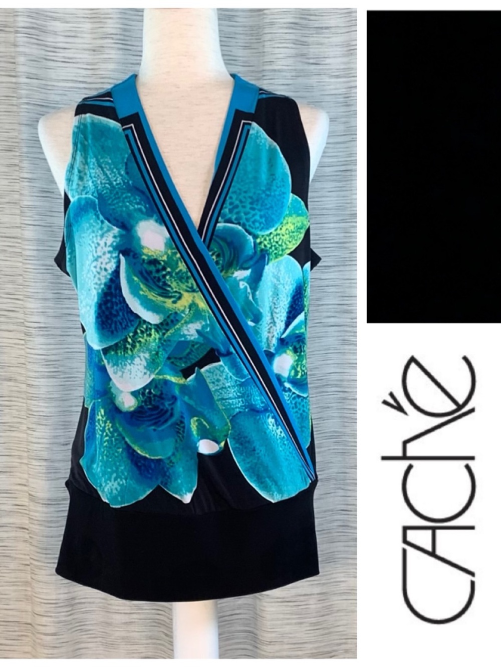 Cache Turquoise & Black Floral Orchid Wrap-Front Camisole